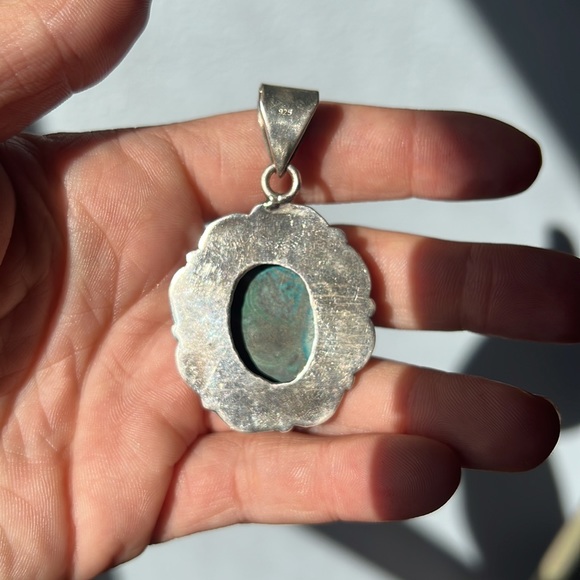 Sterling Silver 925 Malachite Chrysocolla Large Heavy Handmade Unique Pendant - Picture 2 of 3